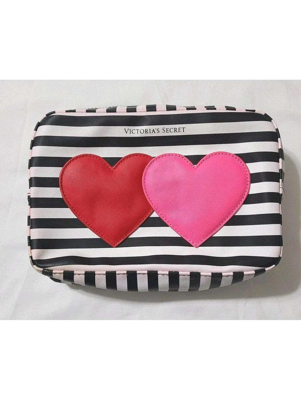 Victoria's Secrets Makeup Cosmetic Bag Sz Medium Balck White Striped Hearts EUC